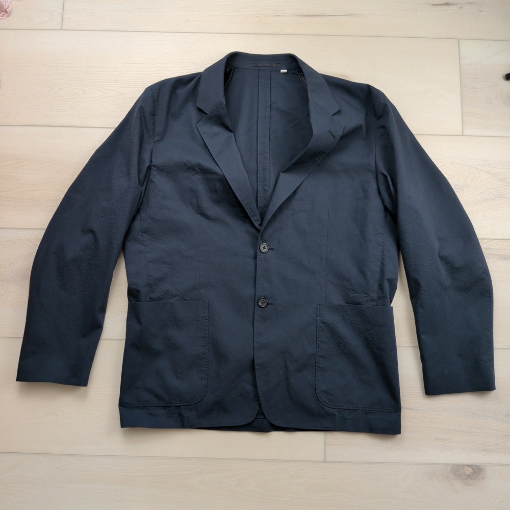Uniqlo Lemaire Seersucker Blazer Jacket Mens XL 48R Dark Navy Blue Unstructured